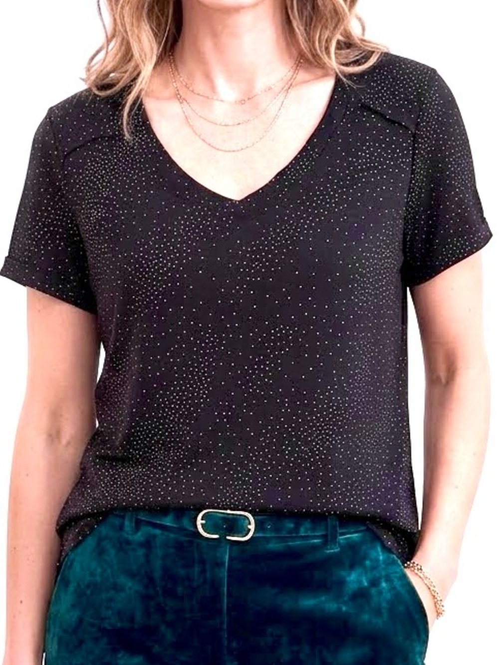 Rock & Republic Tee Black Short Sleeve V-Neck Metallic Dot Whimsigoth cool large